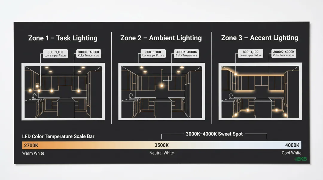 Dark cabinet kitchen lighting requirements showing lumens and color temperature specifications