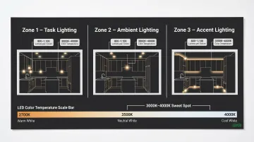 Dark cabinet kitchen lighting requirements showing lumens and color temperature specifications