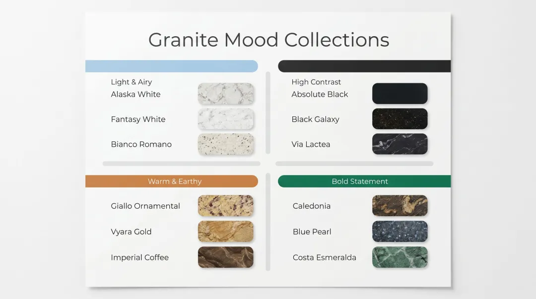 12 granite and white cabinet combinations organized by mood and tone category
