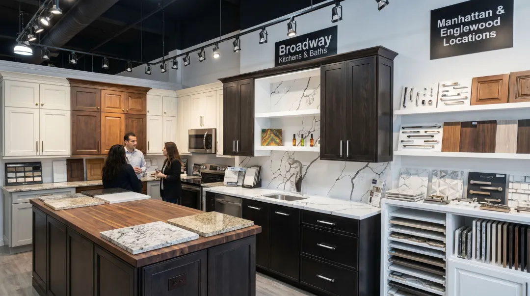 Broadway Kitchens Baths showroom displaying custom cabinetry countertop and finish options