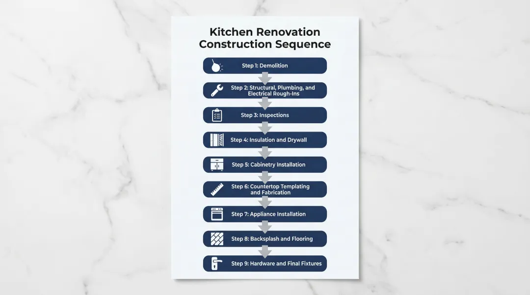 9-step kitchen renovation construction sequence from demolition to final fixtures