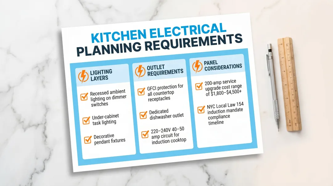Kitchen electrical requirements checklist including panel upgrade GFCI and circuit specifications