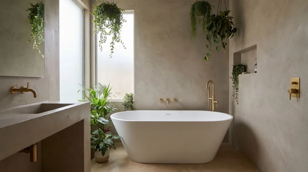 Tadelakt plaster bathroom wall with smooth grout-free waterproof finish