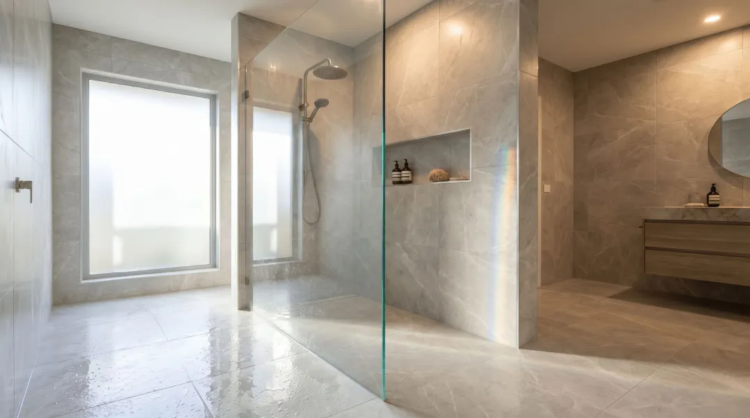 Curbless frameless glass walk-in shower with continuous floor plane and rainfall head