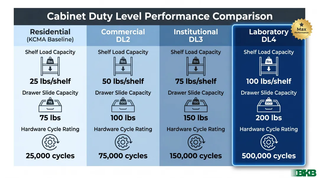 Commercial versus residential cabinet structural load capacity comparison across four AWI duty levels