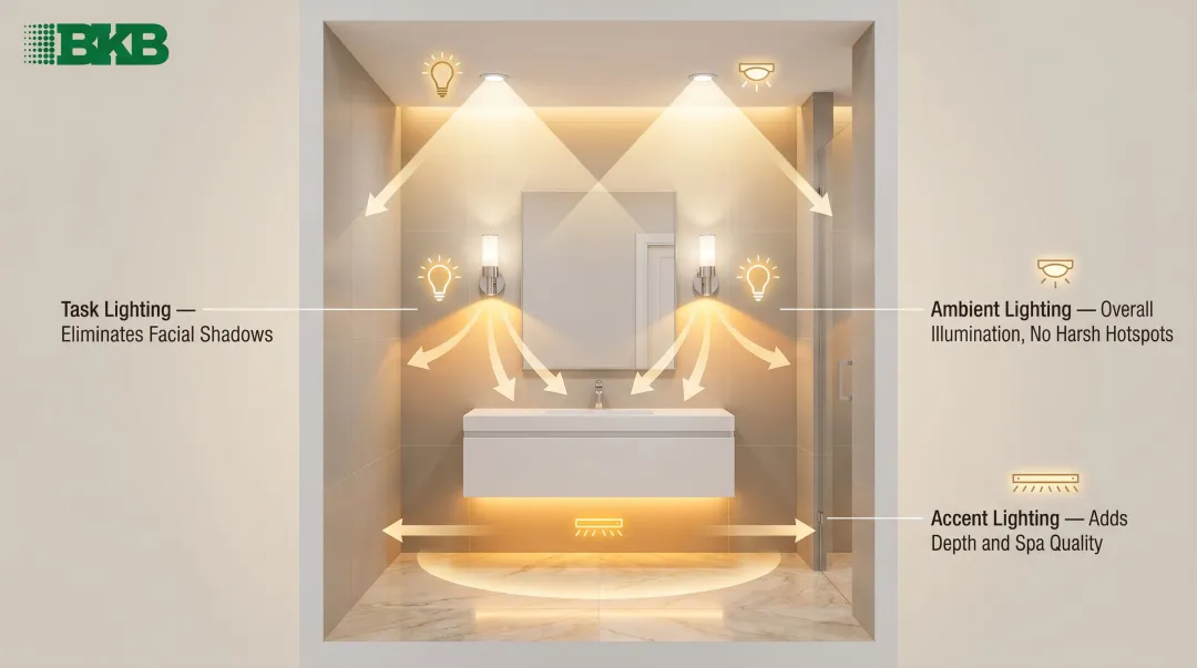 Three-layer bathroom lighting strategy task ambient and accent light placement diagram