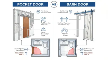 Pocket door versus barn door space recovery comparison for small NYC bathrooms