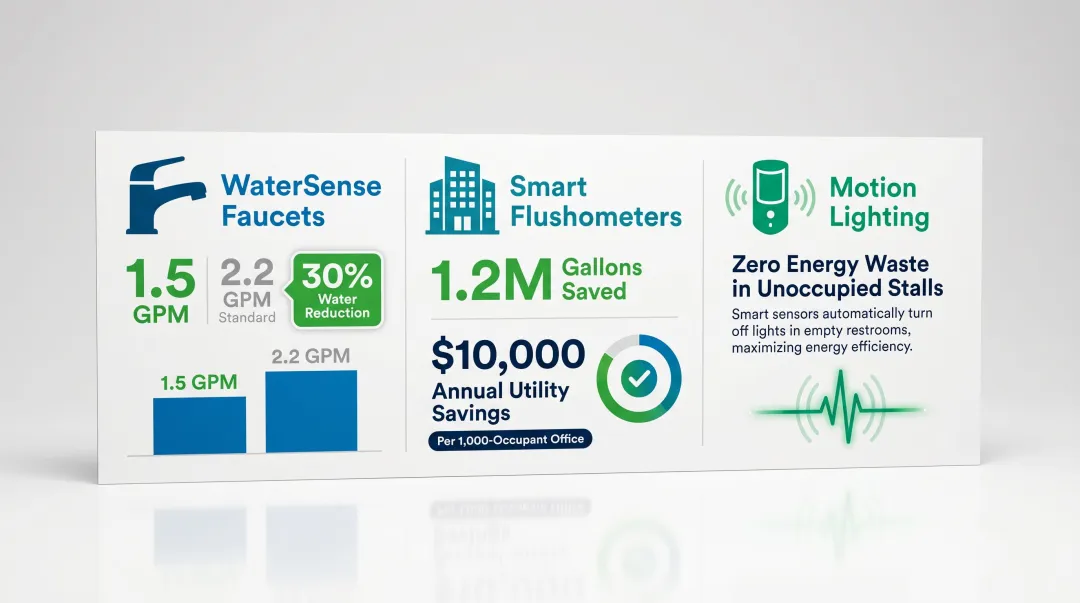 Touchless commercial bathroom fixture water and energy savings statistics infographic