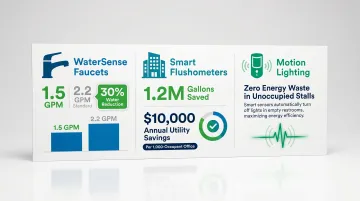 Touchless commercial bathroom fixture water and energy savings statistics infographic