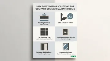 Six space-maximizing design solutions for compact commercial bathrooms illustrated layout