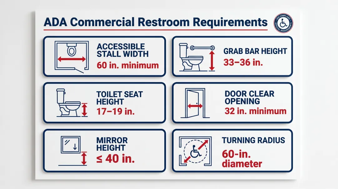 ADA commercial restroom compliance specifications table with key measurements and requirements