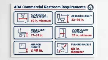 ADA commercial restroom compliance specifications table with key measurements and requirements