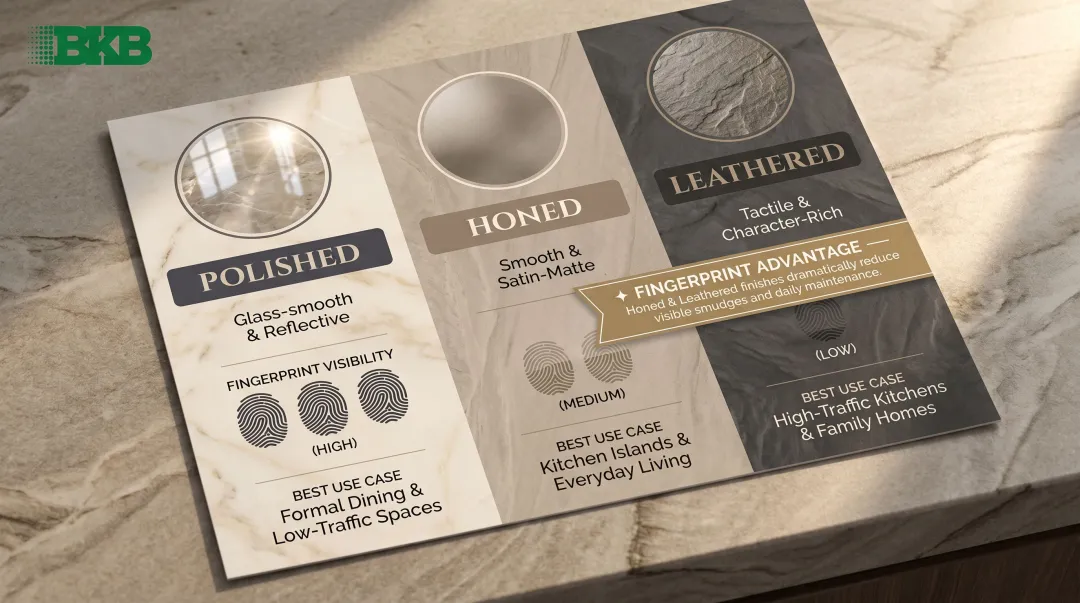 Leathered honed polished countertop finish comparison texture fingerprint resistance chart