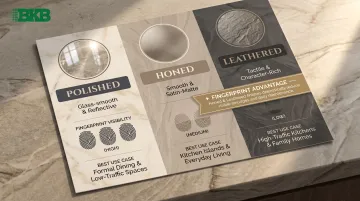 Leathered honed polished countertop finish comparison texture fingerprint resistance chart