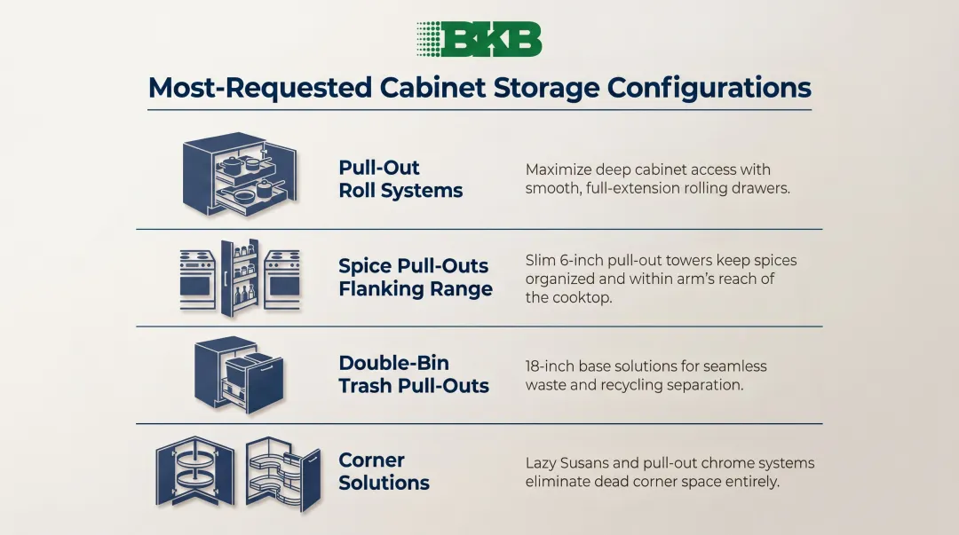 Built-in pantry storage configurations pull-out systems lazy susan corner solutions