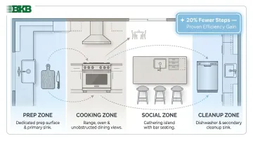 Four-zone open-concept kitchen layout diagram prep cooking social cleanup