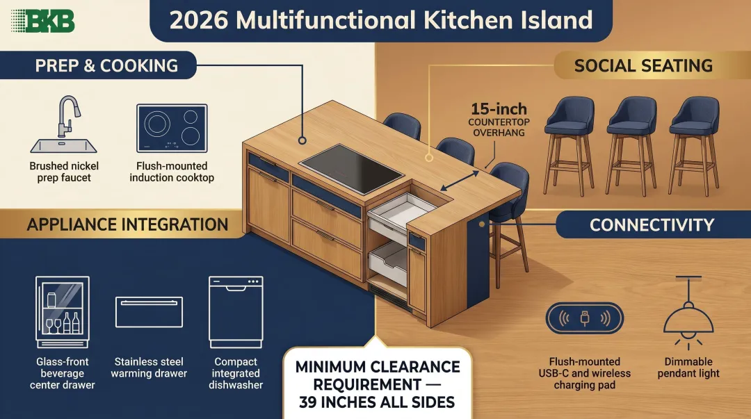 Multifunctional kitchen island design features prep social seating appliance connectivity hub