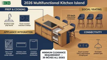 Multifunctional kitchen island design features prep social seating appliance connectivity hub