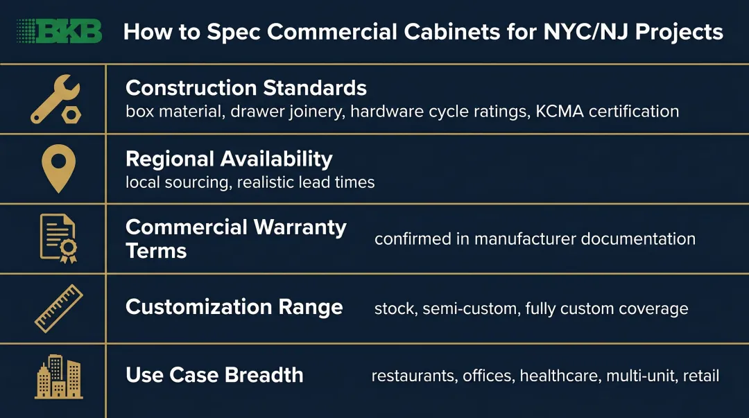 Five commercial cabinet selection criteria framework for NYC NJ projects evaluation checklist