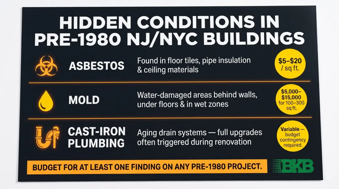 Pre-1980 commercial building hidden renovation risks with associated remediation cost ranges