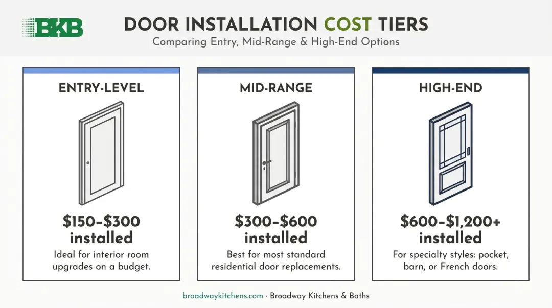 Three-tier interior door installation cost range comparison infographic 2026