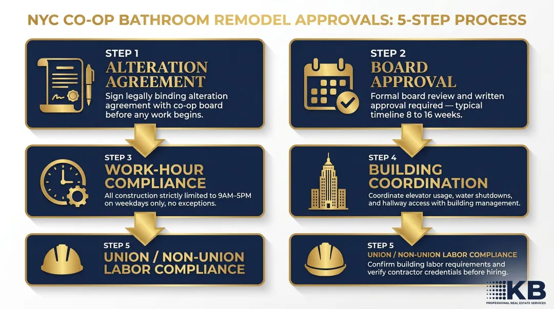 NYC co-op bathroom remodel approval process five required steps infographic