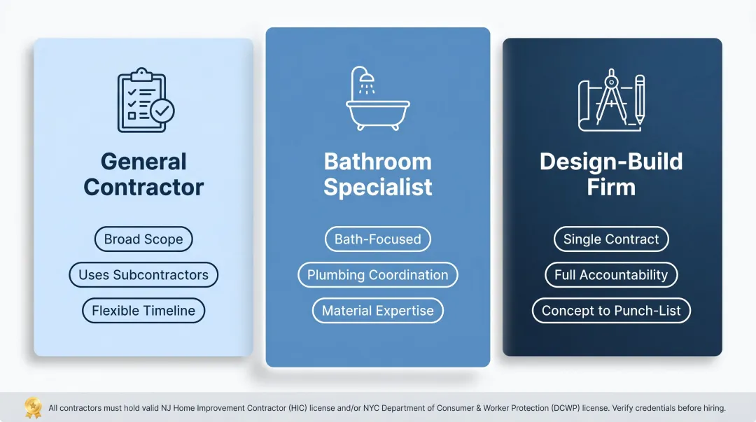Three bathroom contractor types comparison general specialist and design-build firm