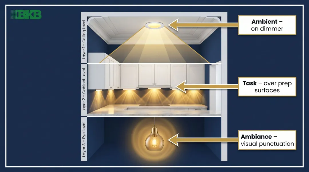 Three-layer galley kitchen lighting strategy recessed under-cabinet and pendant diagram
