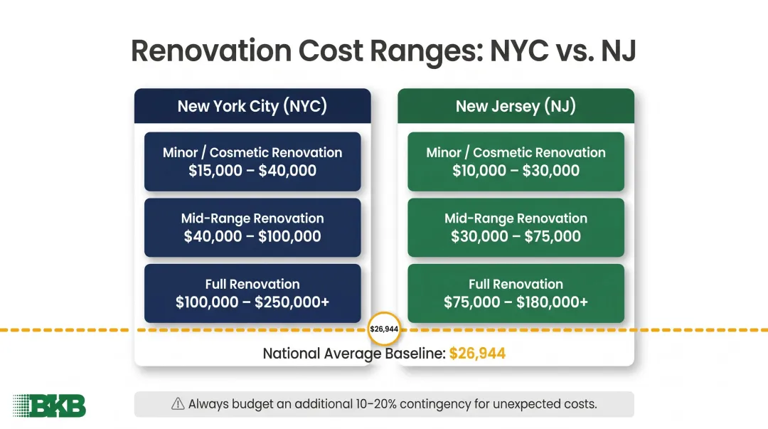 NJ versus NYC galley kitchen renovation cost comparison chart by project scope