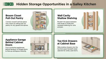 Galley kitchen hidden storage solutions infographic with four dead-space ideas