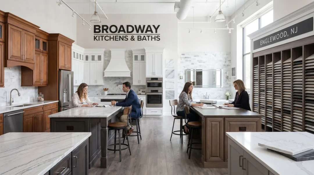 Broadway Kitchens and Baths Englewood NJ showroom displaying cabinetry and countertop samples
