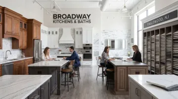Broadway Kitchens and Baths Englewood NJ showroom displaying cabinetry and countertop samples