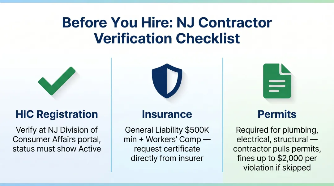 NJ contractor verification checklist covering HIC registration insurance and permits