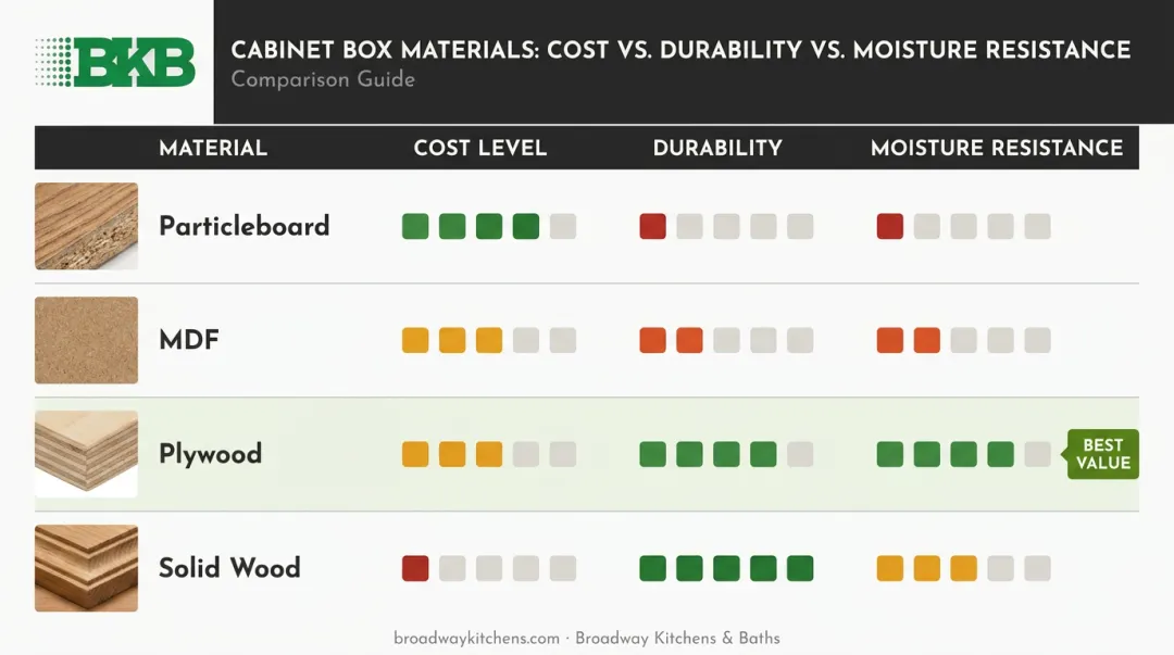 Kitchen cabinet box material comparison particleboard MDF plywood solid wood durability chart