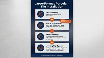 Large format porcelain tile installation steps mortar coverage and back-buttering process