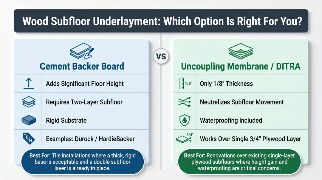 Cement backer board versus uncoupling membrane DITRA subfloor comparison infographic
