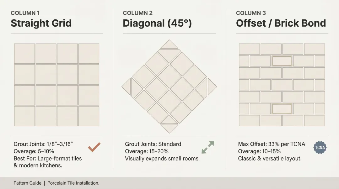 Three porcelain tile layout patterns straight diagonal and offset compared side by side