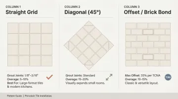 Three porcelain tile layout patterns straight diagonal and offset compared side by side