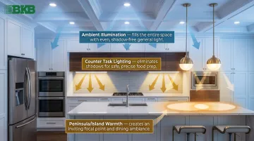 Three-layer kitchen lighting system recessed under-cabinet and pendant diagram