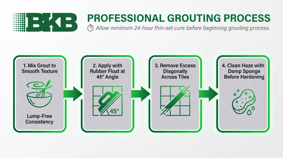 4-step shower tile grouting process flow from mixing to haze removal