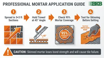 4-step thin-set mortar application technique process flow for shower tile