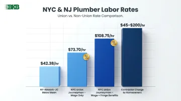 NYC union versus non-union plumber hourly labor rate comparison infographic