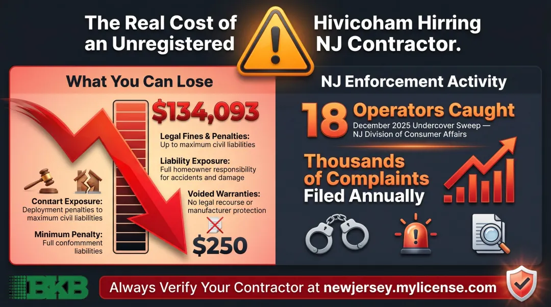 NJ unregistered contractor financial risk warning signs and enforcement data infographic