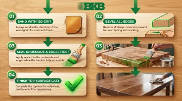 4-step butcher block sanding and sealing sequence before installation infographic