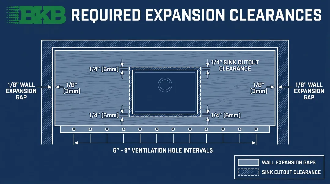 Butcher block expansion clearance diagram showing required gaps at walls and cutouts