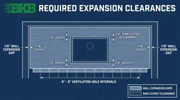 Butcher block expansion clearance diagram showing required gaps at walls and cutouts