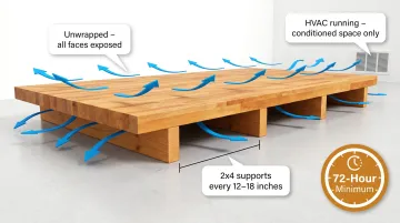 Butcher block acclimation setup showing elevated wood on 2x4 supports with airflow