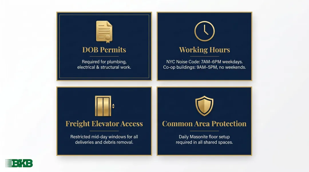 NYC bathroom renovation constraints infographic showing permits hours elevator and building rules