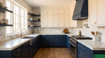 Modern kitchen featuring two-tone cabinets with dark lower and light upper cabinets