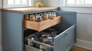 Deep drawer base cabinet system with soft-close glides and interior pot organizers